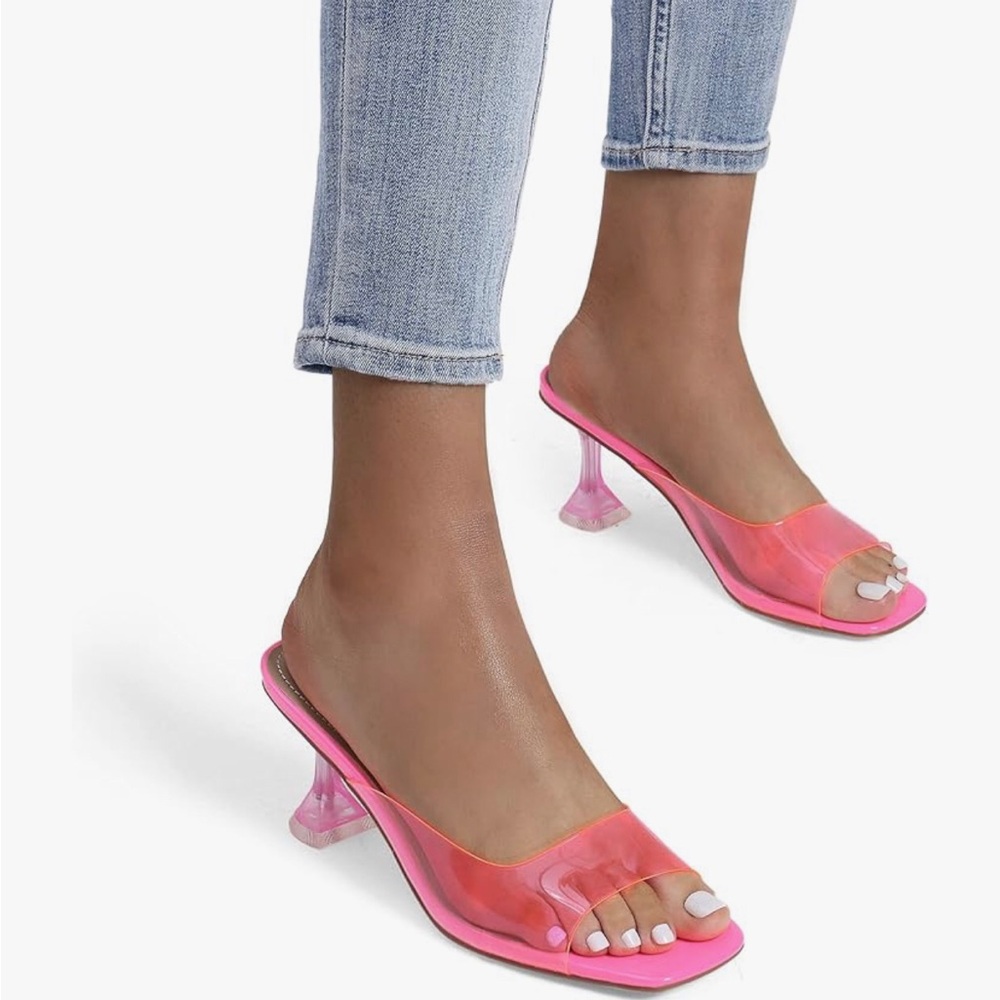 New-DREAM PAIRS Women's Clear Heel Sandals Square Toe Transparent Stiletto Mules
